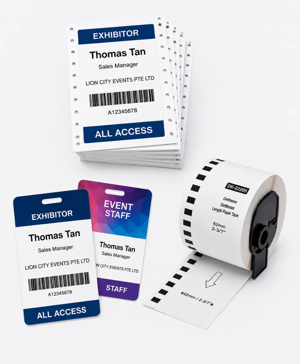 Event badge stock, PVC cards, and Brother DK label roll